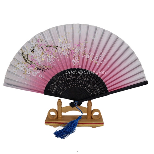 Fächer Handfächer Bambus Seide Blumen pink rosa schwarz 7293b - zum Schließen ins Bild klicken